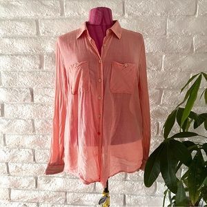BCBGeneration Sheer Orange&White Button Down Blouse Sz L